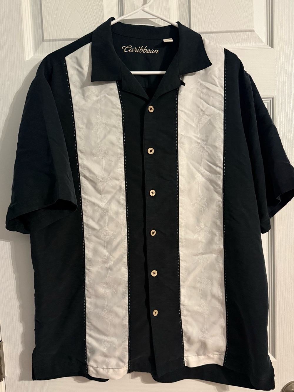Caribbean Black and White‎ Vertical-Panel Short-Sleeve Button Shirt